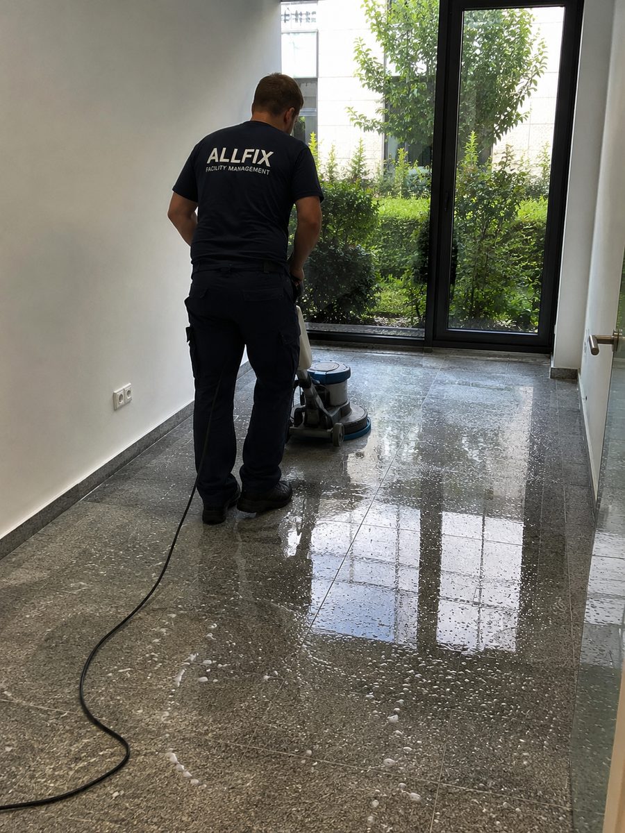 ALLFIX-Mitarbeiter poliert Steinboden mit Einscheibenmaschine