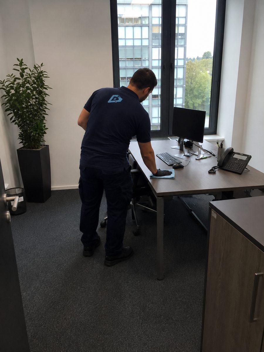ALLFIX-Mitarbeiter reinigt Büroarbeitsplatz mit Desinfektionsmittel
