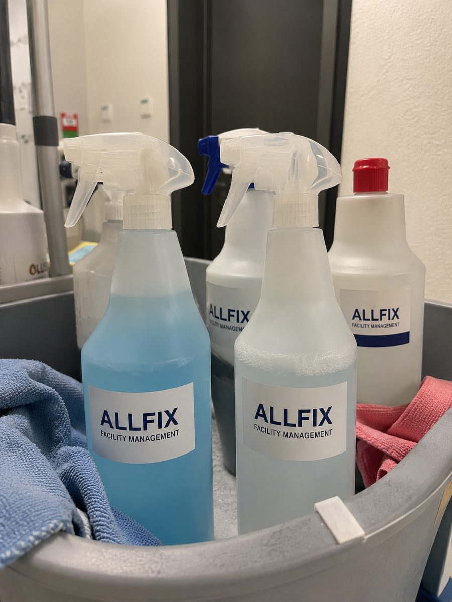 ALLFIX-Reinigungsmittel und Sprühflaschen im professionellen Putzeimer
