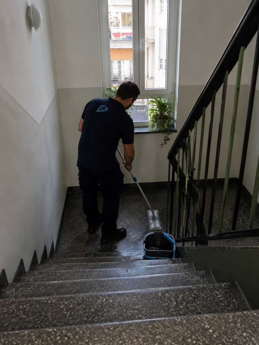 ALLFIX-Mitarbeiter wischt Treppenhaus eines Berliner Wohngebäudes